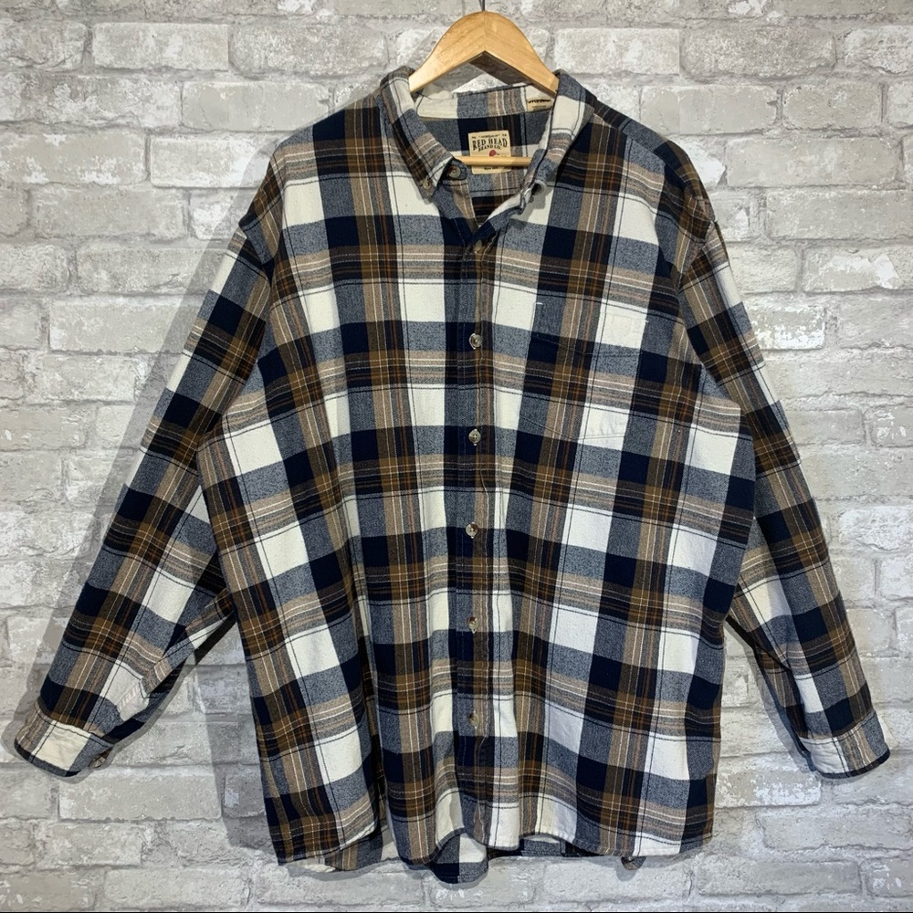 MEN'S RED HEAD FLANNEL BUTTON DOWN SHIRT. SIZE 3XL. BLUE AND TAN. 100% COTTON. - Picture 2 of 9
